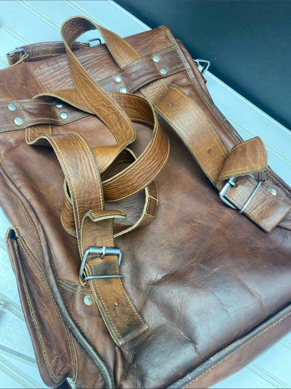 MaheTri Historic Brown Leather Backpack Messenger Bag